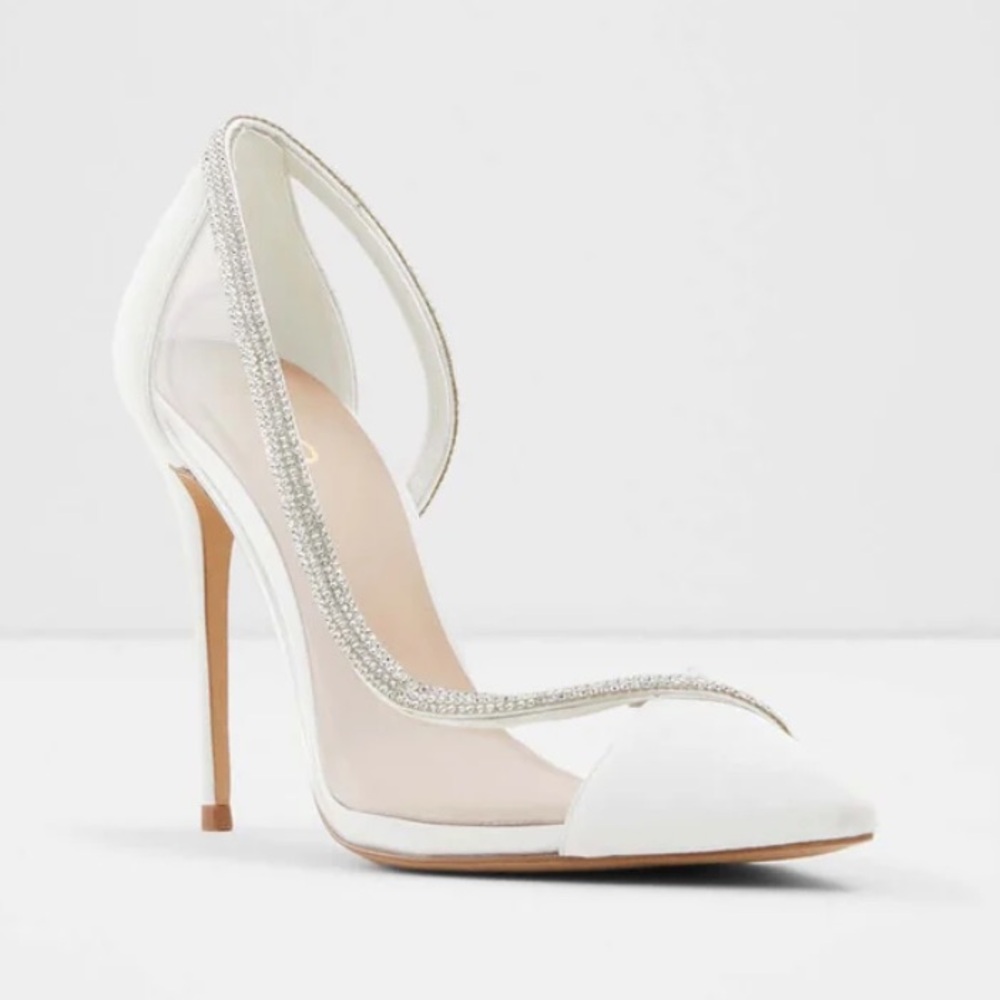 ALDO Fibeth White Pointed Toe Rhinestone Clear Panel Heels Pumps Size 9